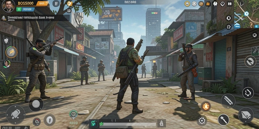Screenshot gameplay menunjukkan karakter berinteraksi dalam lingkungan simulasi.
