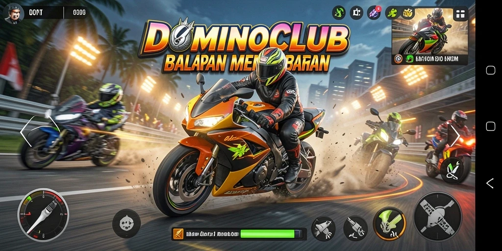 Tangkapan layar gameplay DOMINOCLUB menampilkan aksi balapan motor yang mendebarkan.